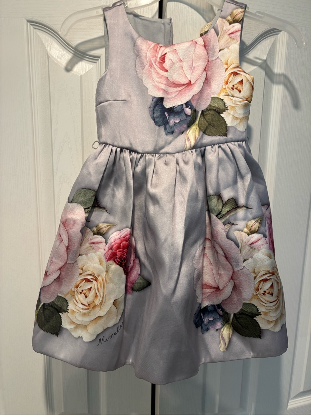 MonnaLisa Girls' Floral Satin Dress in Light Gray, Pink and Cream